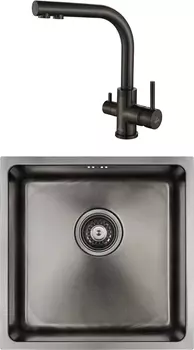 Комплект Мойка кухонная Paulmark Lassan PM304444-GM вороненая сталь + Смеситель для кухни Paulmark Essen 213011-GM вороненая сталь