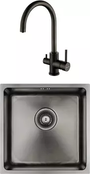 Комплект Мойка кухонная Paulmark Lassan PM304444-GM вороненая сталь + Смеситель для кухни Paulmark Essen Es213211-GM вороненая сталь