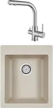 Комплект Мойка кухонная Paulmark Leer PM104249-BE бежевый + Смеситель для кухни Paulmark Essen 213011-СR хром
