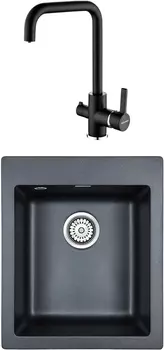Комплект Мойка кухонная Paulmark Leer PM104249-BLM черный металлик + Смеситель для кухни Paulmark Logas Lo213021-418 черный металлик