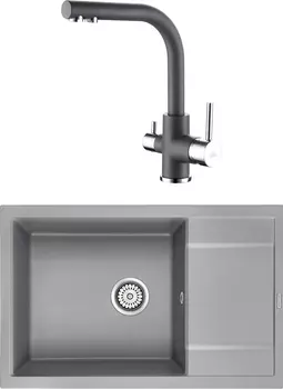 Комплект Мойка кухонная Paulmark PM317850-GRM серый металлик + Смеситель для кухни Paulmark Essen Es213011-402 серый металлик