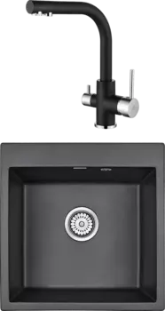 Комплект Мойка кухонная Paulmark Praktisch PM105152-BL черный + Смеситель Essen Es213011-418 черный металлик