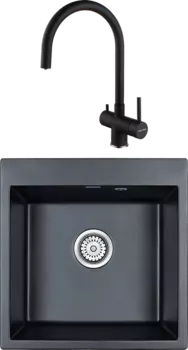 Комплект Мойка кухонная Paulmark Praktisch PM105152-BLM черный металлик + Смеситель Heller He213218-418 черный металлик