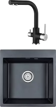 Комплект Мойка кухонная Paulmark Praktisch PM105152-BLM черный металлик + Смеситель для кухни Paulmark Essen Es213011-418 черный металлик