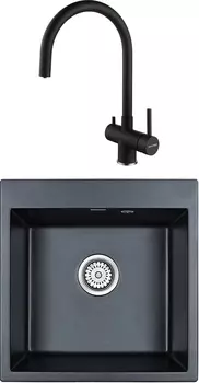 Комплект Мойка кухонная Paulmark Praktisch PM105152-BLM черный металлик + Смеситель для кухни Paulmark Heller He213218-418 черный металлик