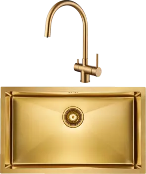 Комплект Мойка кухонная Paulmark Valde PM217444-BG брашированное золото + Смеситель Heller He213218-BG брашированное золото
