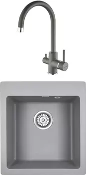 Комплект Мойка кухонная Paulmark Zemar PM104651-GRM серый металлик + Смеситель для кухни Paulmark Essen Es213211-402 серый металлик