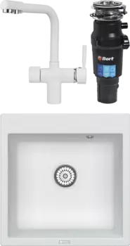 Комплект Мойка кухонная Point Арбель 51 белая + Смеситель PN3104 белый + Измельчитель Bort Titan 7000 MSI-682008