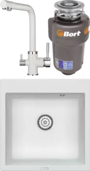 Комплект Мойка кухонная Point Арбель 51 белая + Смеситель PN3103 белый + Измельчитель Bort Titan 5000 Control MSI-682006