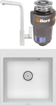 Комплект Мойка кухонная Point Арбель 51 белая + Смеситель PN3102 белый + Измельчитель Bort Titan 5000 MSI-682003