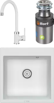 Комплект Мойка кухонная Point Арбель 51 белая + Смеситель PN3101 белый + Измельчитель Bort Titan 4000 Plus MSI-682001