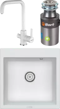 Комплект Мойка кухонная Point Арбель 51 белая + Смеситель Paulmark Logas Lo213021-431TW белый + Измельчитель Bort Titan 4000 Control MSI-682000