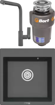 Комплект Мойка кухонная Point Арбель 51 графит + Смеситель PN3102 графит + Измельчитель Bort Titan Max Power FullControl MSI-682236