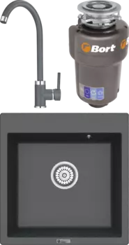 Комплект Мойка кухонная Point Арбель 51 графит + Смеситель PN3101 графит + Измельчитель Bort Titan Max Power MSI-682012