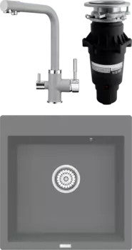 Комплект Мойка кухонная Point Арбель 51 серая + Смеситель PN3103 серый + Измельчитель Bone Crusher BC 810-SL Slim Line MSI-680212