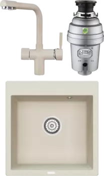 Комплект Мойка кухонная Point Арбель 51 светло-бежевая + Смеситель PN3104 светло-бежевый + Измельчитель Zorg Inox D MSI-680209
