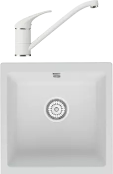 Комплект Мойка кухонная Point Бату 45 белая + Смеситель Polygran Низкий 660694 белый хлопок