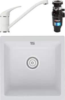 Комплект Мойка кухонная Point Бату 45 белая + Смеситель Polygran Низкий 660694 белый хлопок + Измельчитель Bort Master Eco MSI-680282