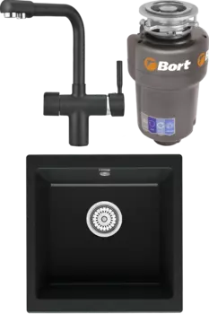 Комплект Мойка кухонная Point Бату 45 черная + Смеситель PN3104 черный + Измельчитель Bort Titan 5000 Control MSI-680287