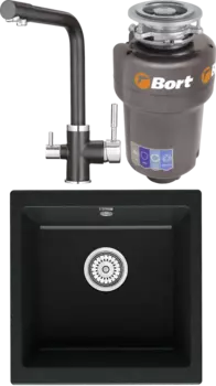 Комплект Мойка кухонная Point Бату 45 черная + Смеситель PN3103 черный + Измельчитель Bort Titan 5000 MSI-680286