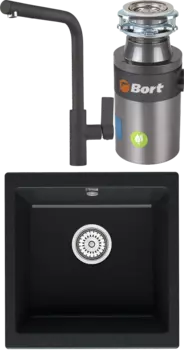 Комплект Мойка кухонная Point Бату 45 черная + Смеситель PN3102 черный + Измельчитель Bort Titan 4000 Plus MSI-680284