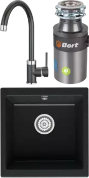 Комплект Мойка кухонная Point Бату 45 черная + Смеситель PN3101 черный + Измельчитель Bort Titan 4000 Control MSI-680283