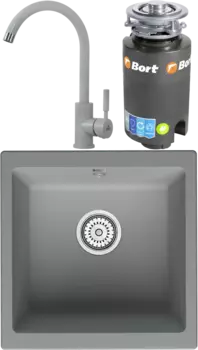 Комплект Мойка кухонная Point Бату 45 серая + Смеситель Paulmark Holstein Ho212063-310 серый + Измельчитель Bort Titan 4000 MSI-678223