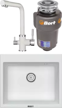 Комплект Мойка кухонная Point Бинга 60 белая + Смеситель PN3103 белый + Измельчитель Bort Titan Max Power FullControl MSI-680290