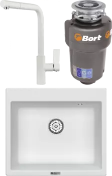 Комплект Мойка кухонная Point Бинга 60 белая + Смеситель PN3102 белый + Измельчитель Bort Titan Max Power MSI-680289
