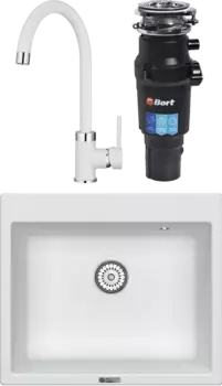 Комплект Мойка кухонная Point Бинга 60 белая + Смеситель PN3101 белый + Измельчитель Bort Titan 7000 MSI-680288