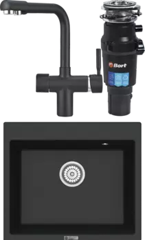 Комплект Мойка кухонная Point Бинга 60 черная + Смеситель PN3104 черный + Измельчитель Bort Titan 7000 MSI-680306