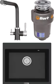 Комплект Мойка кухонная Point Бинга 60 черная + Смеситель PN3103 черный + Измельчитель Bort Titan 5000 Control MSI-680303