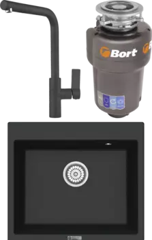 Комплект Мойка кухонная Point Бинга 60 черная + Смеситель PN3102 черный + Измельчитель Bort Titan 5000 MSI-680301