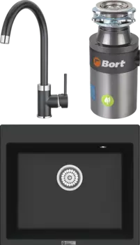 Комплект Мойка кухонная Point Бинга 60 черная + Смеситель PN3101 черный + Измельчитель Bort Titan 4000 Plus MSI-680300