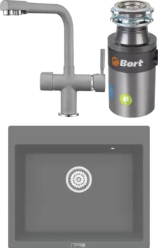 Комплект Мойка кухонная Point Бинга 60 серая + Смеситель PN3104 серый + Измельчитель Bort Titan 4000 Control MSI-680299