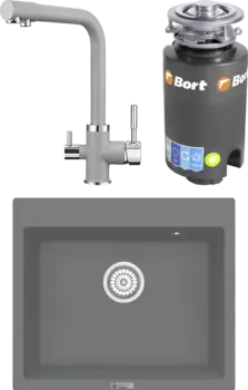 Комплект Мойка кухонная Point Бинга 60 серая + Смеситель PN3103 серый + Измельчитель Bort Titan 4000 MSI-680298