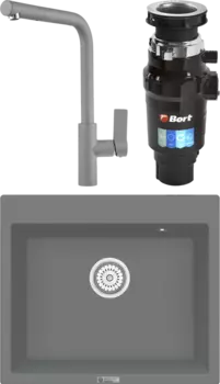 Комплект Мойка кухонная Point Бинга 60 серая + Смеситель PN3102 серый + Измельчитель Bort Master Eco MSI-680297