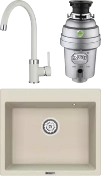 Комплект Мойка кухонная Point Бинга 60 светло-бежевая + Смеситель PN3101 светло-бежевый + Измельчитель Zorg Inox D MSI-680291