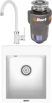 Комплект Мойка кухонная Point Динара 42 белая + Смеситель PN3101 белый + Измельчитель Bort Titan Max Power FullControl MSI-680337