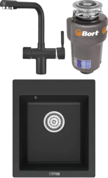 Комплект Мойка кухонная Point Динара 42 черная + Смеситель PN3104 черный + Измельчитель Bort Titan Max Power FullControl MSI-680837