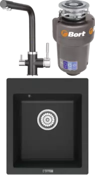 Комплект Мойка кухонная Point Динара 42 черная + Смеситель PN3103 черный + Измельчитель Bort Titan Max Power MSI-680834