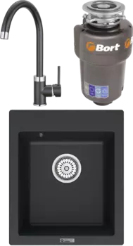 Комплект Мойка кухонная Point Динара 42 черная + Смеситель PN3101 черный + Измельчитель Bort Titan 5000 Control MSI-680401