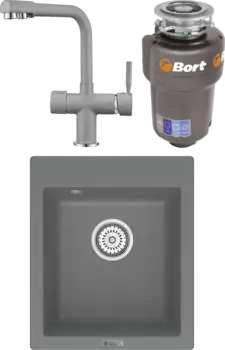 Комплект Мойка кухонная Point Динара 42 серая + Смеситель PN3104 серый + Измельчитель Bort Titan 5000 MSI-680396