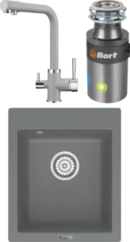 Комплект Мойка кухонная Point Динара 42 серая + Смеситель PN3103 серый + Измельчитель Bort Titan 4000 Plus MSI-680394