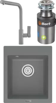 Комплект Мойка кухонная Point Динара 42 серая + Смеситель PN3102 серый + Измельчитель Bort Titan 4000 Control MSI-680390