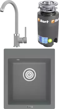 Комплект Мойка кухонная Point Динара 42 серая + Смеситель PN3101 серый + Измельчитель Bort Titan 4000 MSI-680388