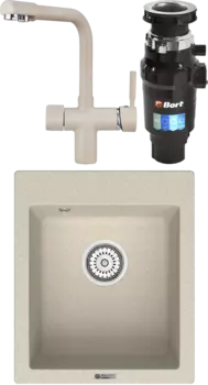 Комплект Мойка кухонная Point Динара 42 светло-бежевая + Смеситель PN3104 светло-бежевый + Измельчитель Bort Master Eco MSI-680387