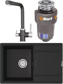 Комплект Мойка кухонная Point Лаура 78 черная + Смеситель PN3103 черный + Измельчитель Bort Titan Max Power FullControl