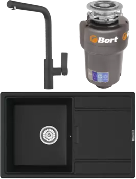Комплект Мойка кухонная Point Лаура 78 черная + Смеситель PN3102 черный + Измельчитель Bort Titan Max Power