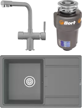 Комплект Мойка кухонная Point Лаура 78 серая + Смеситель PN3104 серый + Измельчитель Bort Titan 5000 Control